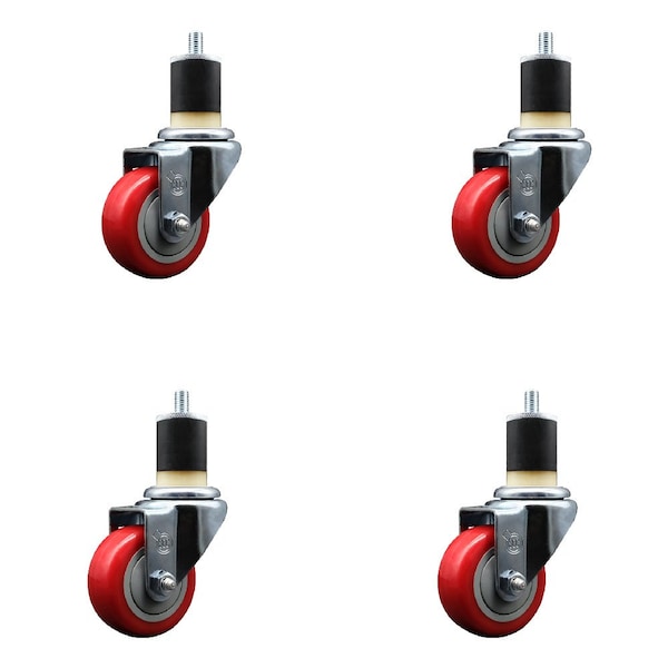 3'' SS Red Poly Wheel Swivel 1-7/8'' Expanding Stem Caster Set, 4PK